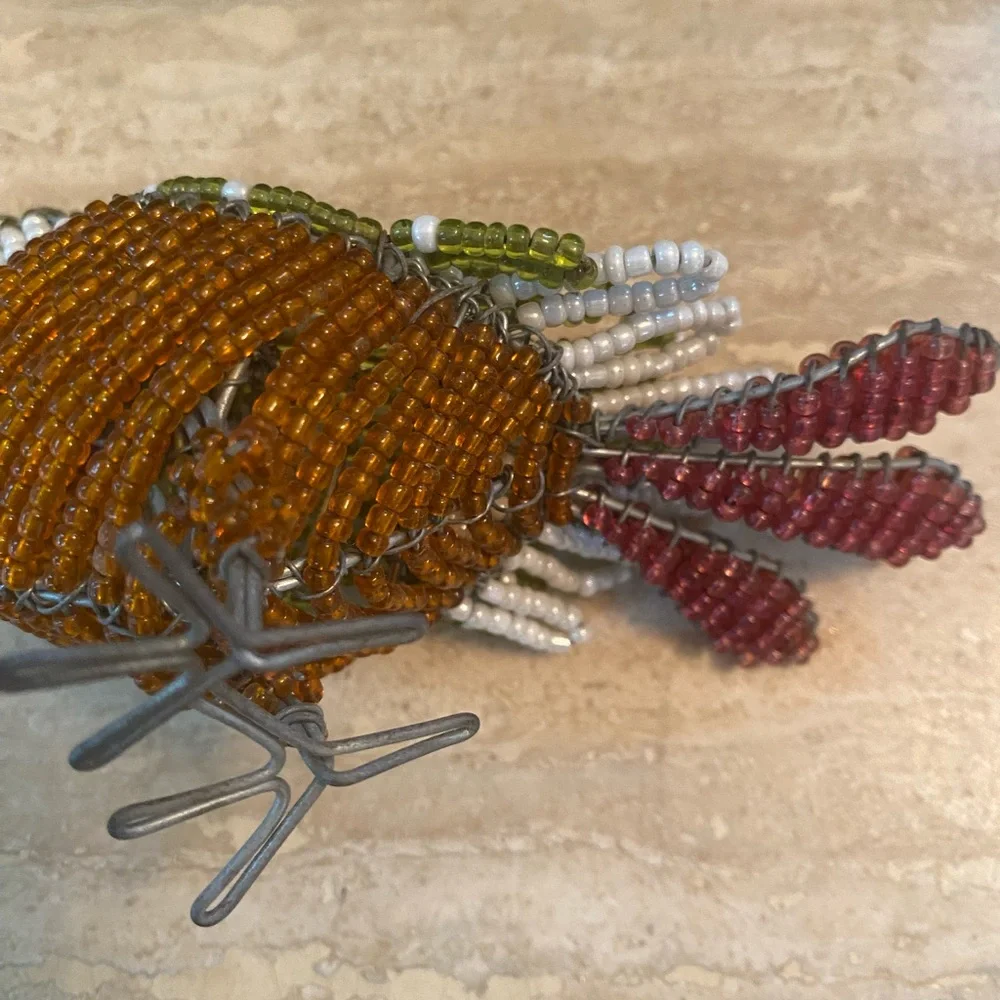 Handcrafted Beaded Bird Figurine - Green, Orange, Brown very realistic